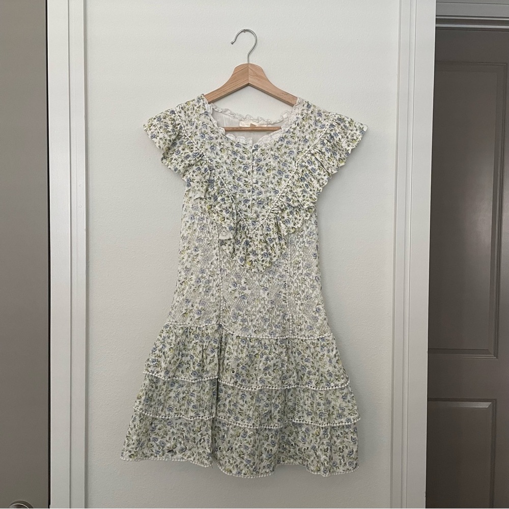 LoveShackFancy Floral Mini Dress in Cream and Blue